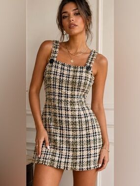 Zara Tweed Romper Dress Plaid Bouclé Mini Jumper DressSize Medium.Lined Top